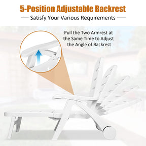 Giantex Folding Camping Lounge Chair, Portable Rolling Recliner w/Wheels, 5 Adjustable Positions, White