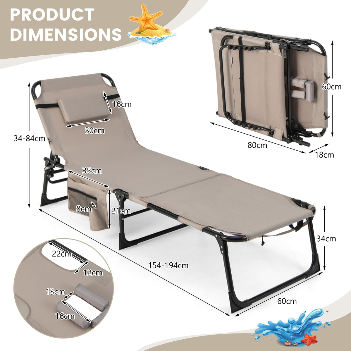 Folding Convertible Camping Lounger w/Face Hole & Pillows & Storage Pocket, 5-Position Adjustable Backrest