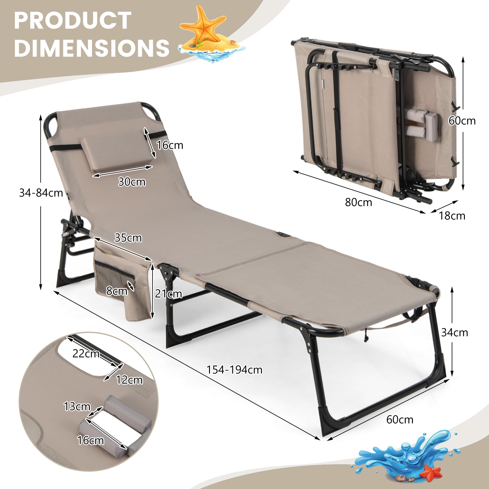 Folding Convertible Camping Lounger w/Face Hole & Pillows & Storage Pocket, 5-Position Adjustable Backrest