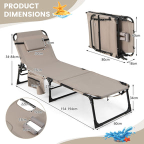 Folding Convertible Camping Lounger w/Face Hole & Pillows & Storage Pocket, 5-Position Adjustable Backrest