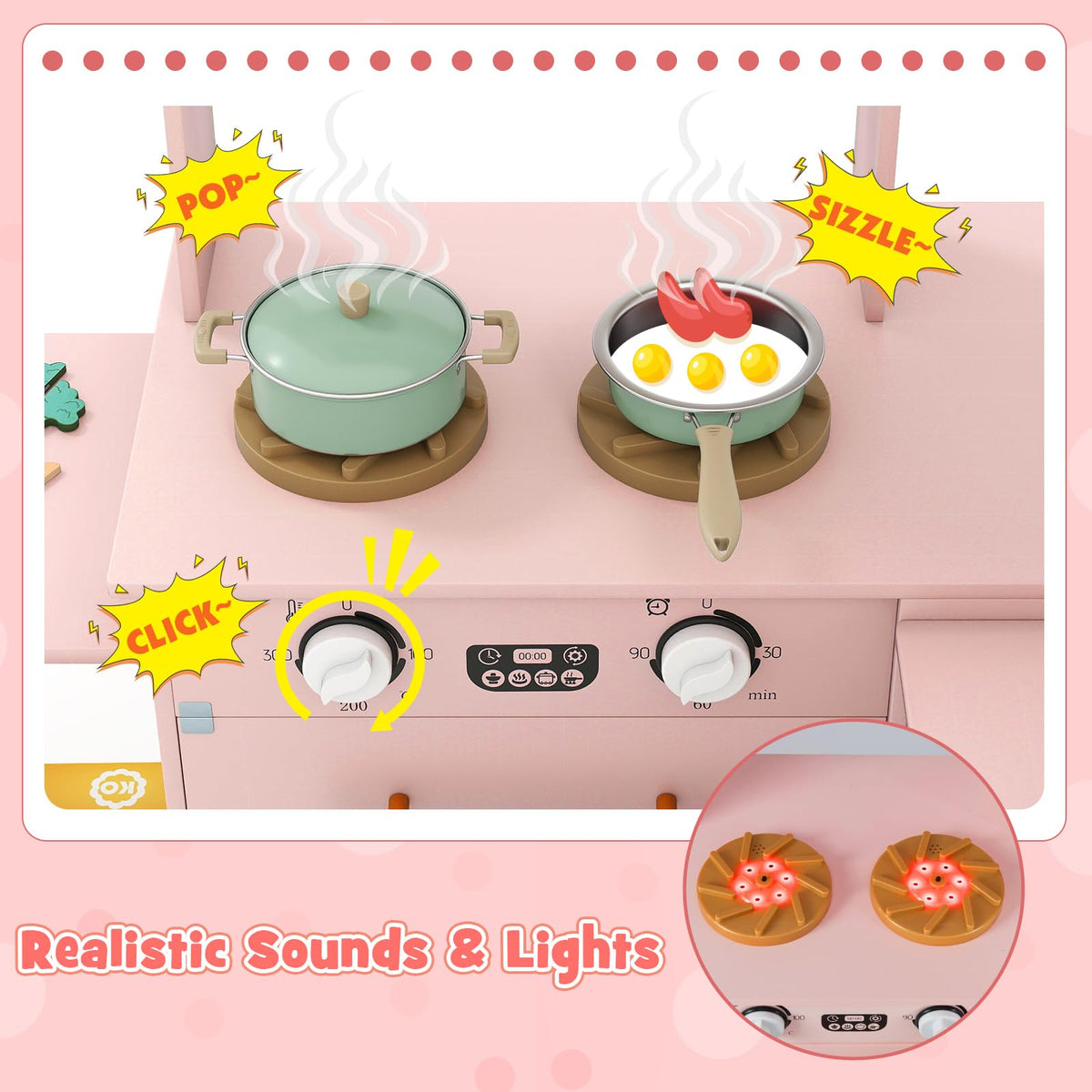 Corner Kitchen with Lights and Sounds, Interactive Wooden Playset w/Retractable Countertop