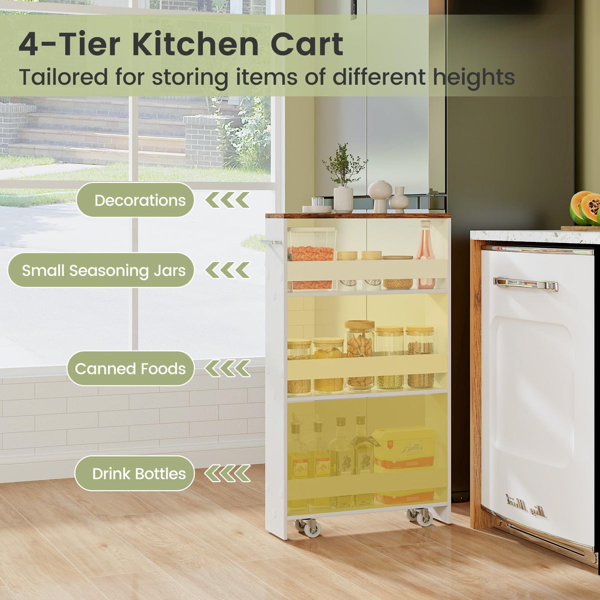 Slim Storage Cart w/Handle, 4-Tier Slide Out Utility Cart