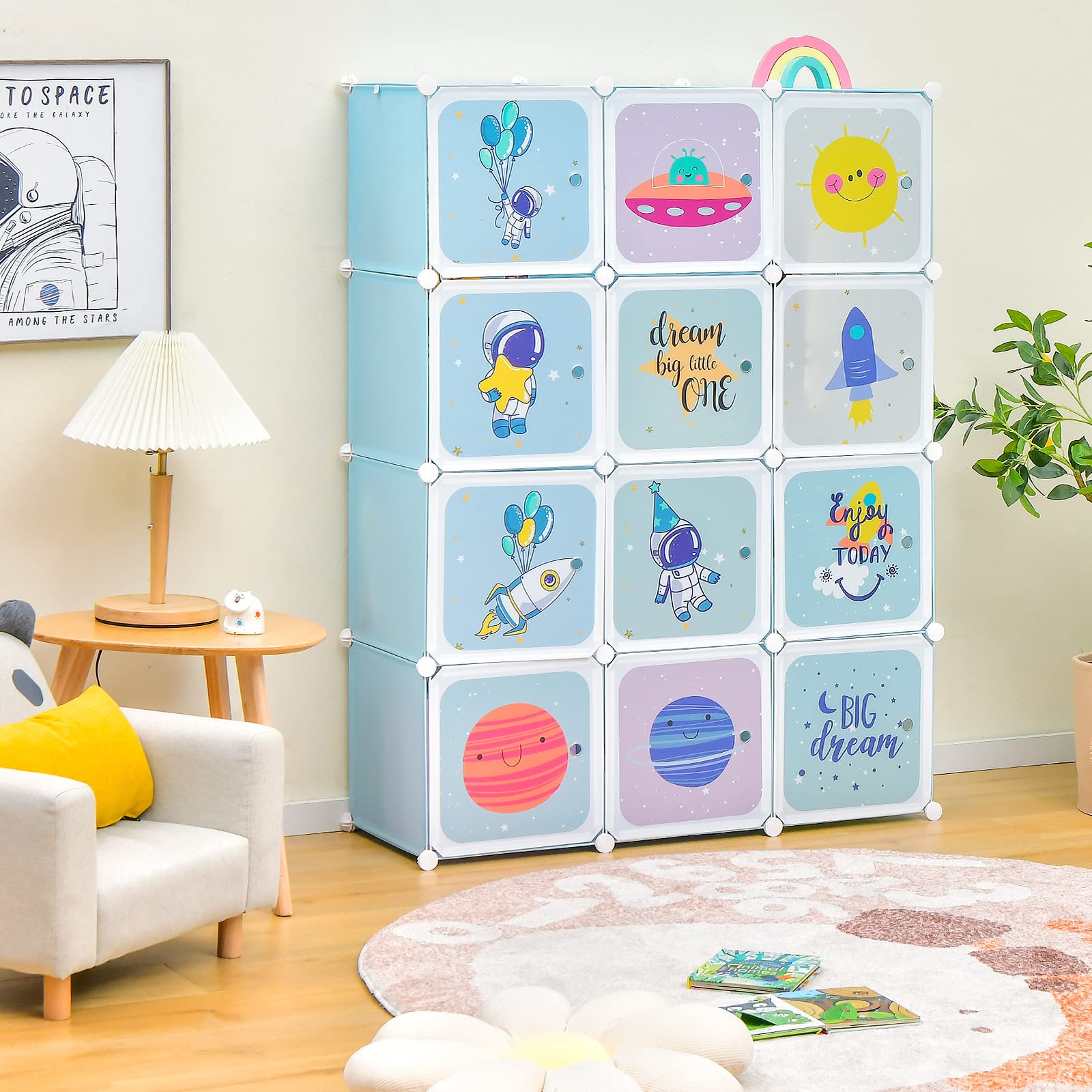 Portable Kids Wardrobe, 12-Cube Baby Closet Organizer for Children with Doors & Hanging Section