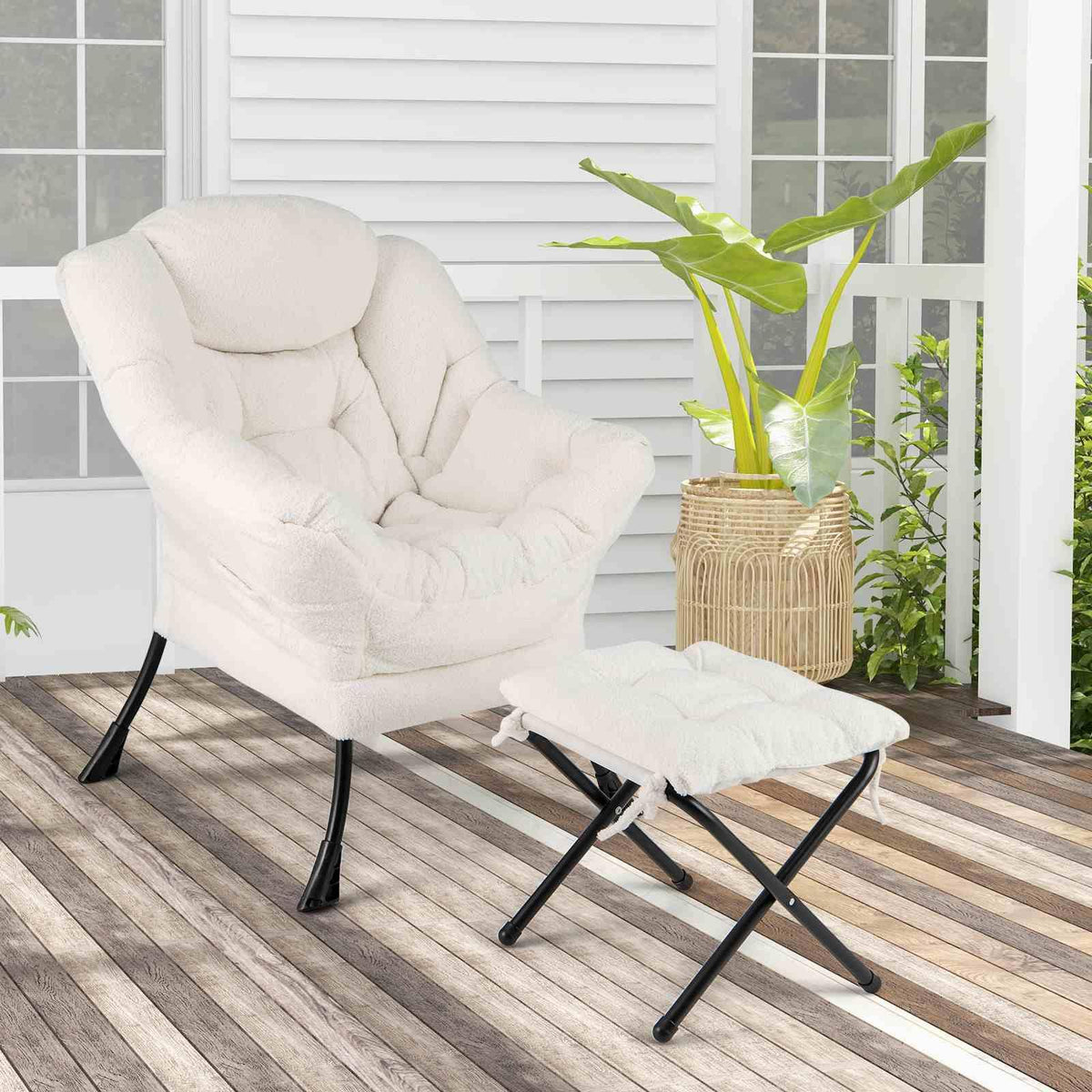 Lazy Chair with Ottoman, Modern Accent Chair with Folding Footrest, Head Pillow, Armrests
