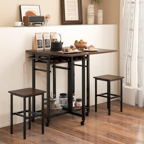 Giantex 3 Piece Rolling Dining Room Table Set with 6-Bottle Wine Rack