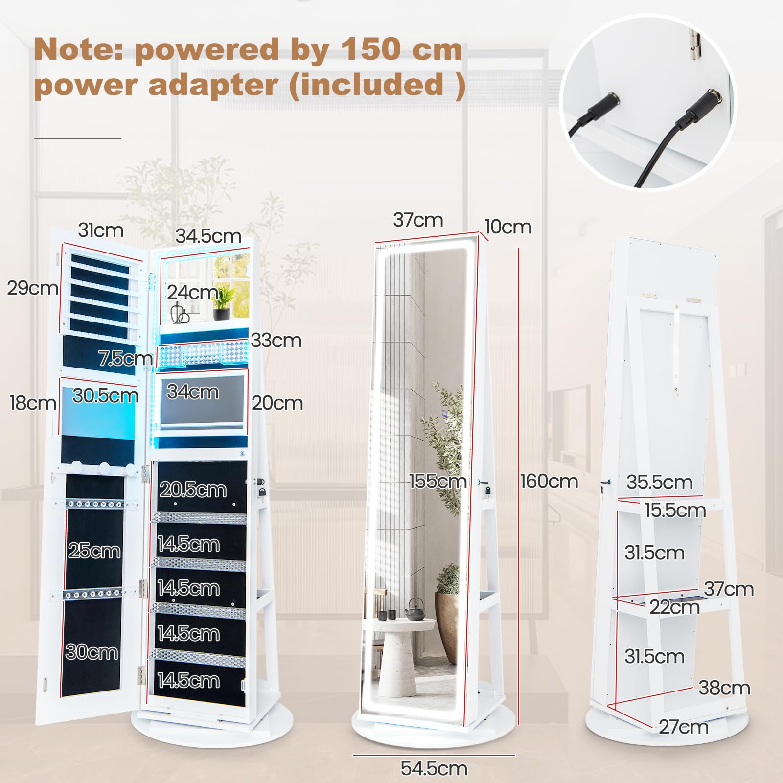 Giantex 160 cm Standing Jewelry Cabinet w/Adjustable LED Lights, 360° Swivel Lockable Jewelry Armoire Organizer w/Full-Length Mirror