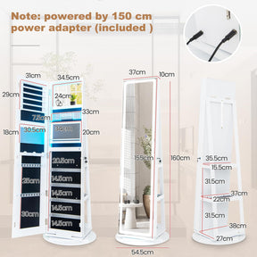 Giantex 160 cm Standing Jewelry Cabinet w/Adjustable LED Lights, 360° Swivel Lockable Jewelry Armoire Organizer w/Full-Length Mirror
