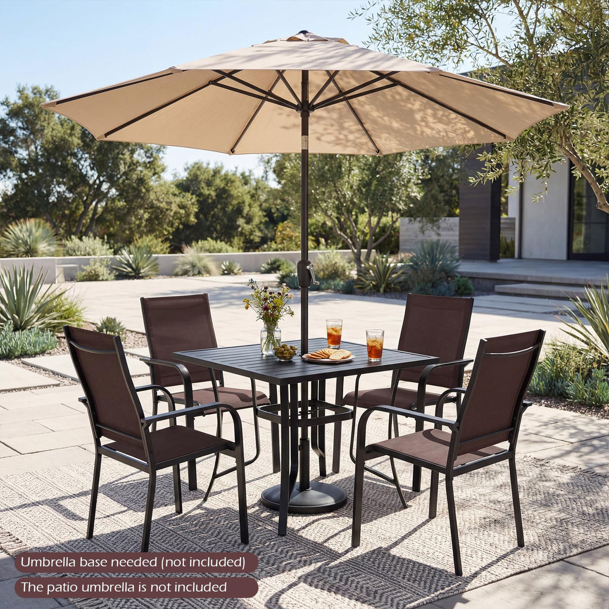 Square Patio Table for 4 , 91 cm Square Metal Slat Table with 4-6 cm Adjustable Umbrella Hole