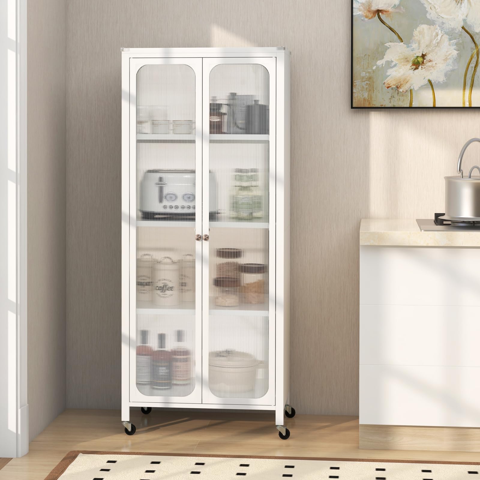 Giantex Glass Doors Storage Cabinet w/Wheels, Mobile 2 Doors Food Pantry Cupboard Cabinet