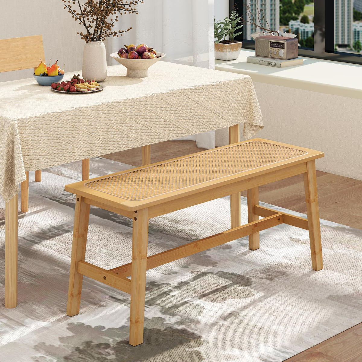 100cm Bamboo Dining Bench with Handwoven Rattan Seat, Wooden Entryway Bench, Farmhouse Kitchen Table Bench
