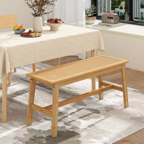 100cm Bamboo Dining Bench with Handwoven Rattan Seat, Wooden Entryway Bench, Farmhouse Kitchen Table Bench