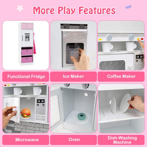 Kids Kitchen Playset with Lights and Sounds, 2-Piece Modular Wooden Play Kitchen w/Water Circulation