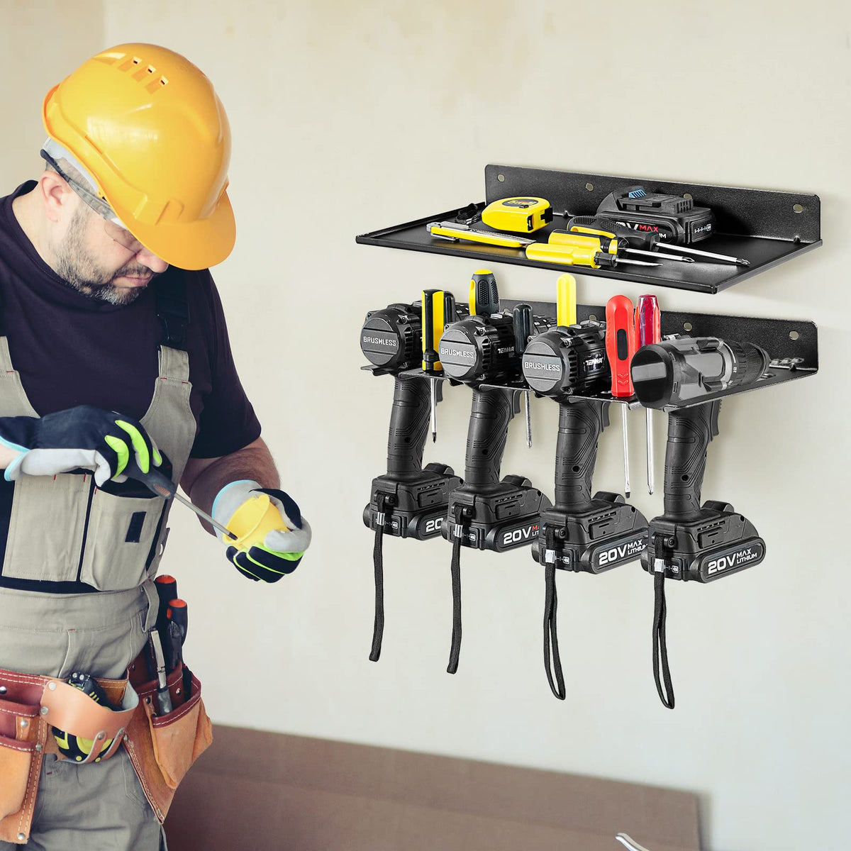 Electric Drill Storage Rack, Wall Mounted Drill Holder & Floating Shelf, Power Tool Organizer