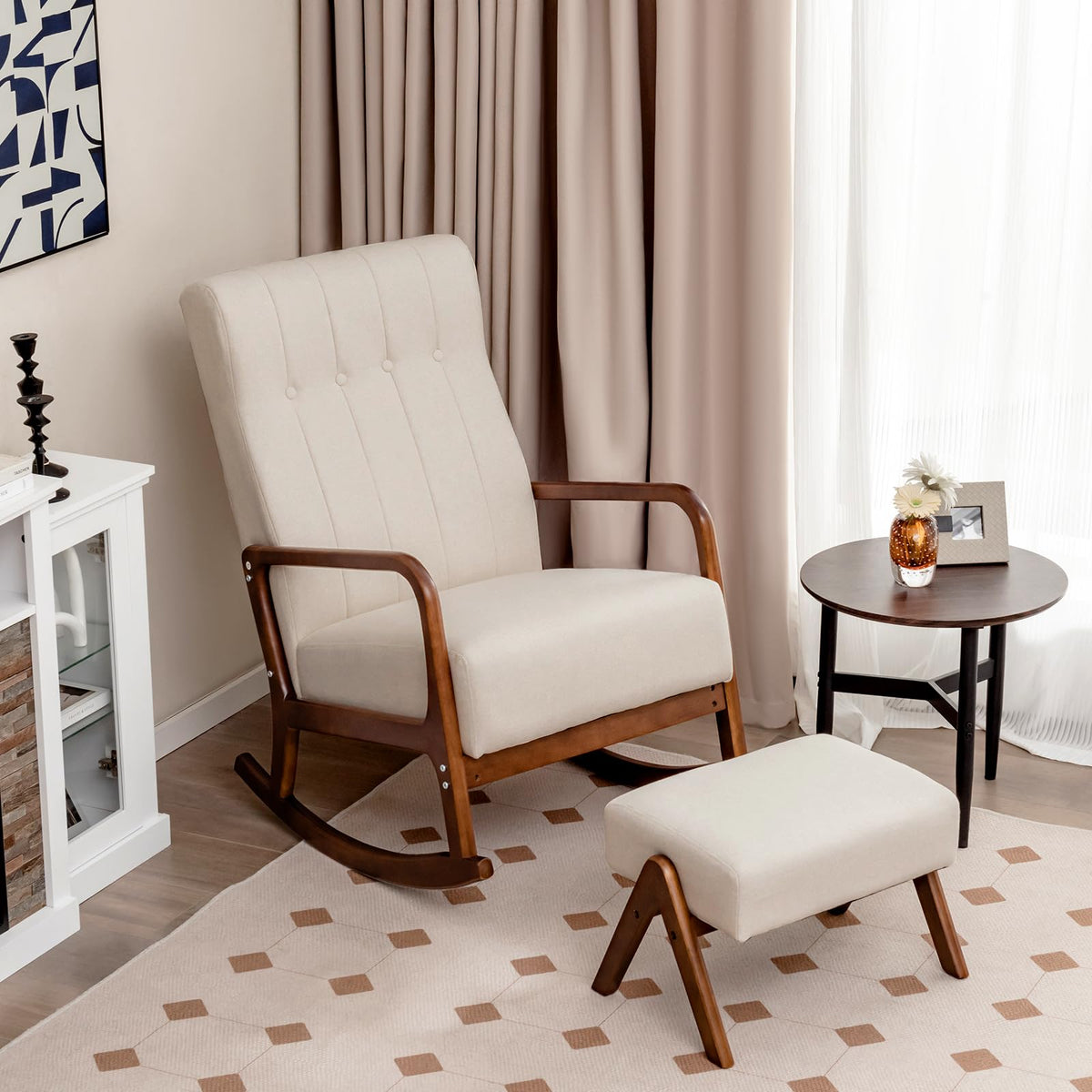 Giantex Rocking Chair with Ottoman, Upholstered Fabric Rocker with Solid Rubber Wood Frame & Padded Cushion