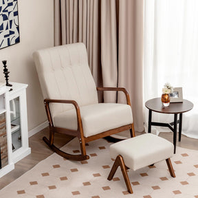 Giantex Rocking Chair with Ottoman, Upholstered Fabric Rocker with Solid Rubber Wood Frame & Padded Cushion
