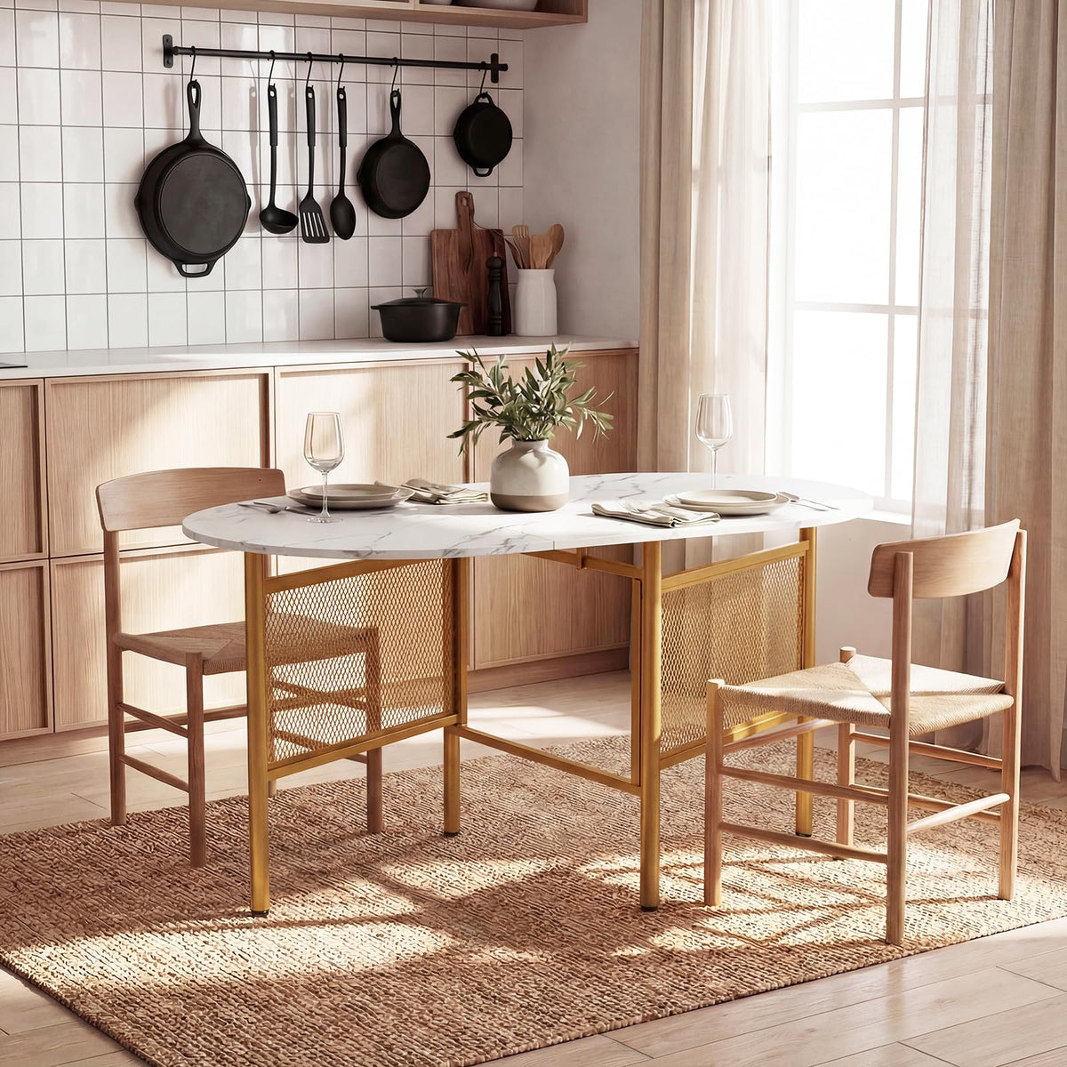 150 CM Folding Dining Table for 6-8 People, Drop Leaf Space Saving Oval Kitchen Table with Golden Metal Legs & Marble-Finished Tabletop