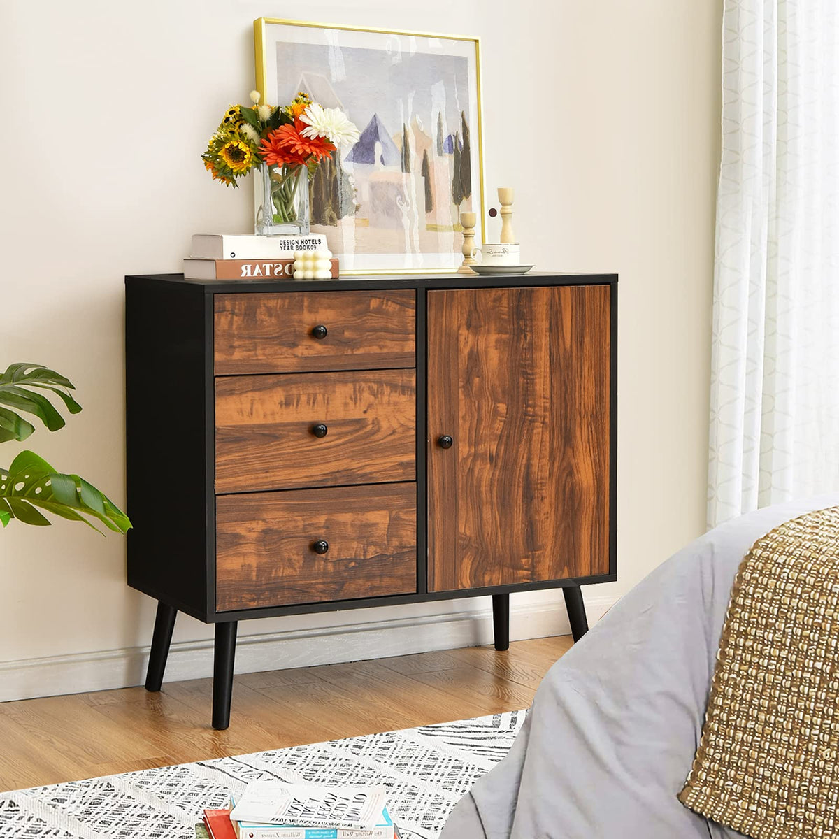 Giantex Retro Storage Cabinet, Vintage Cupboard with 3 Drawers and Adjustable Shelf Rustic Brown