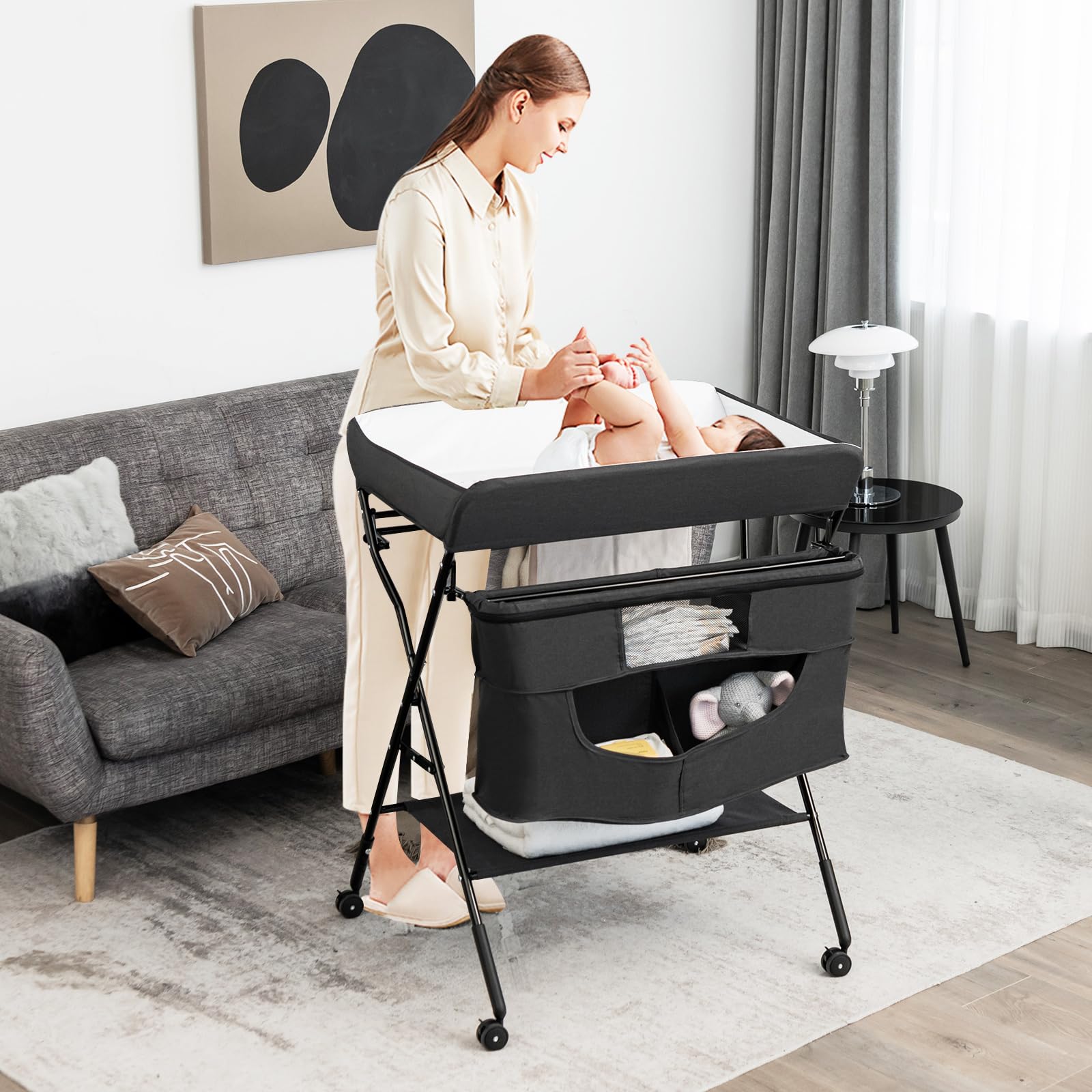 Foldable Baby Changing Table Portable Nursery Stand Organiser for Infant Newborn w/Large Storage Basket & Safety Belt