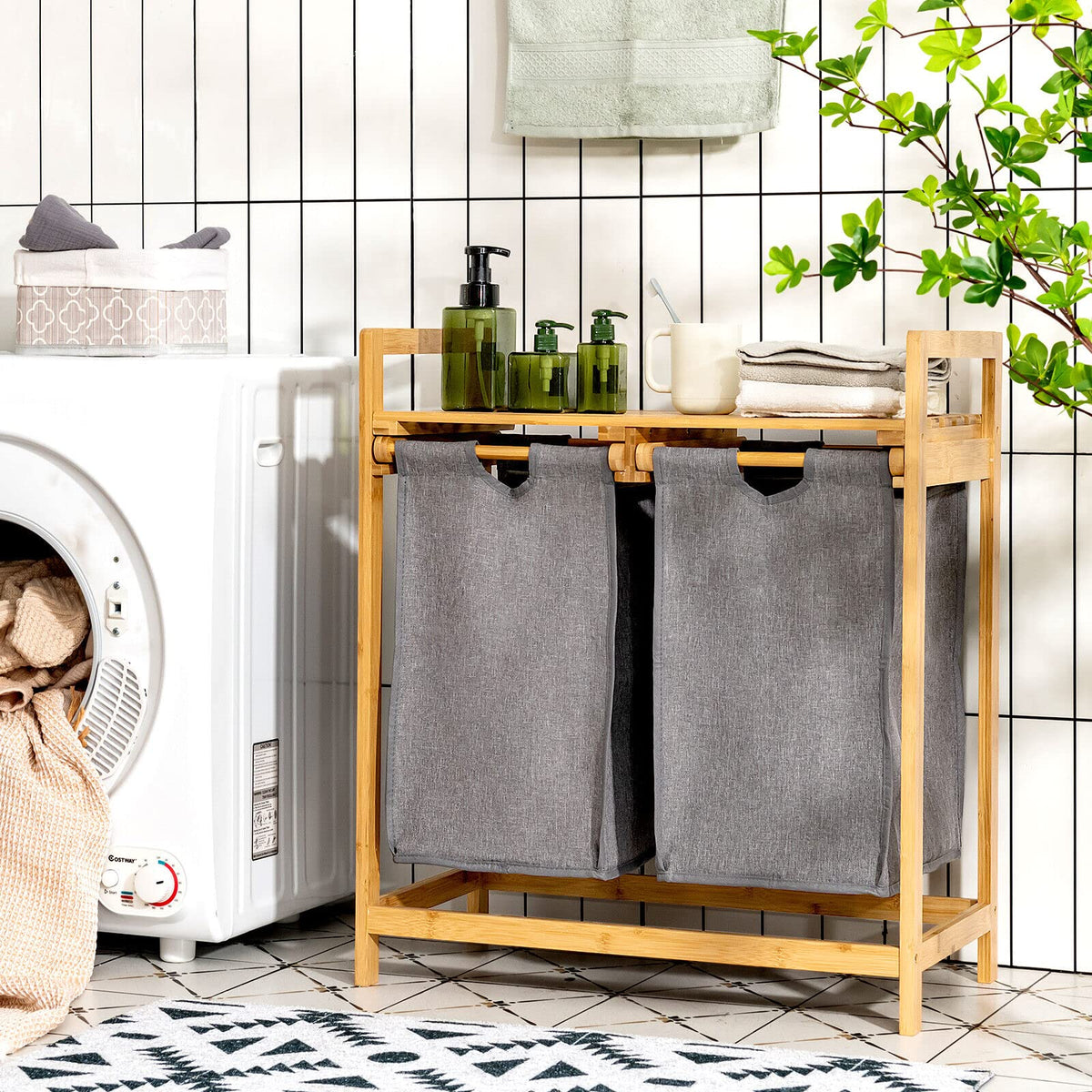 Giantex Bamboo Laundry Hamper with Dual Compartments, 2-Section Laundry Sorter Basket, Natural
