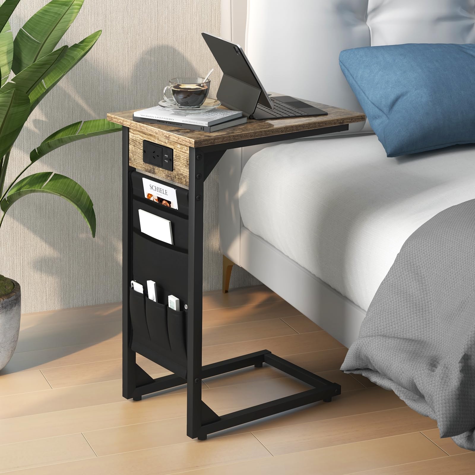 Giantex C Shaped End Table Set of 2, Sofa Side Table with Charging Station & Side Storage Bag