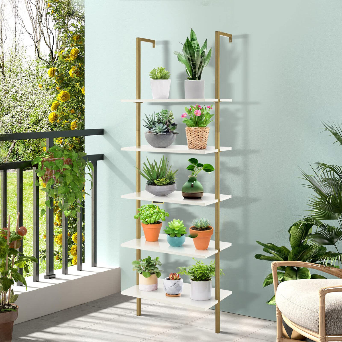 Giantex 5-Tier Ladder Shelf, Wall Mounted Bookshelf with Steel Frame, Elegant Bookcase