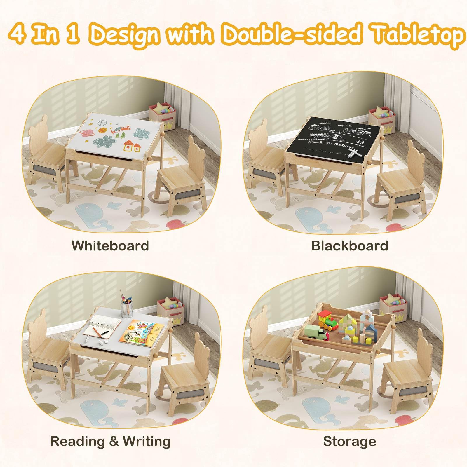 4-in-1 Kids Table and Chairs Set with Reversible Whiteboard for Arts Bear Style