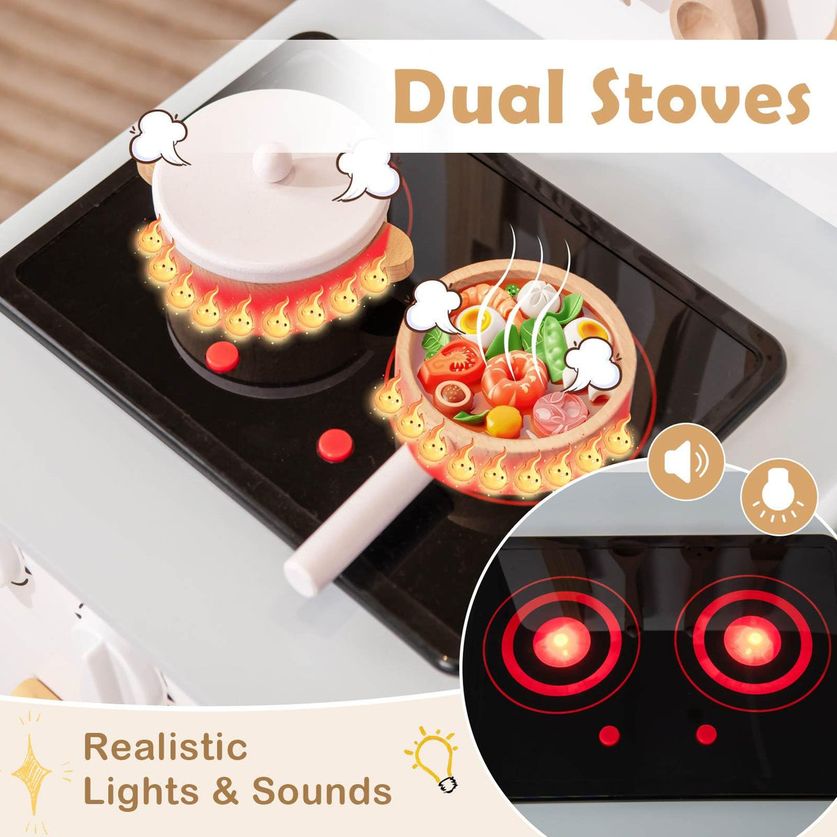 Kids Kitchen Playset, Toddler Pretend Play Kitchen with Light up Stove & Cooking Sounds