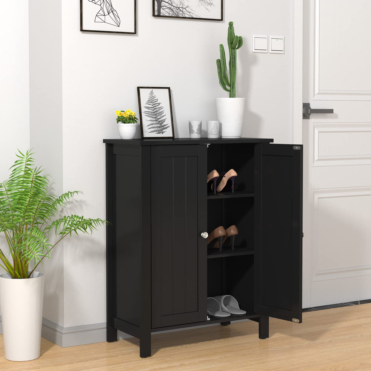 Giantex Bathroom Floor Storage Cabinet, Free Standing Storage Organizer, with Double Door, Adjustable Shelf