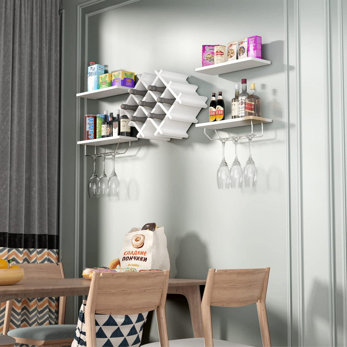 Giantex Set of 5 Wall Mounted Wine Rack Set w/Storage Shelves and Glass Holder