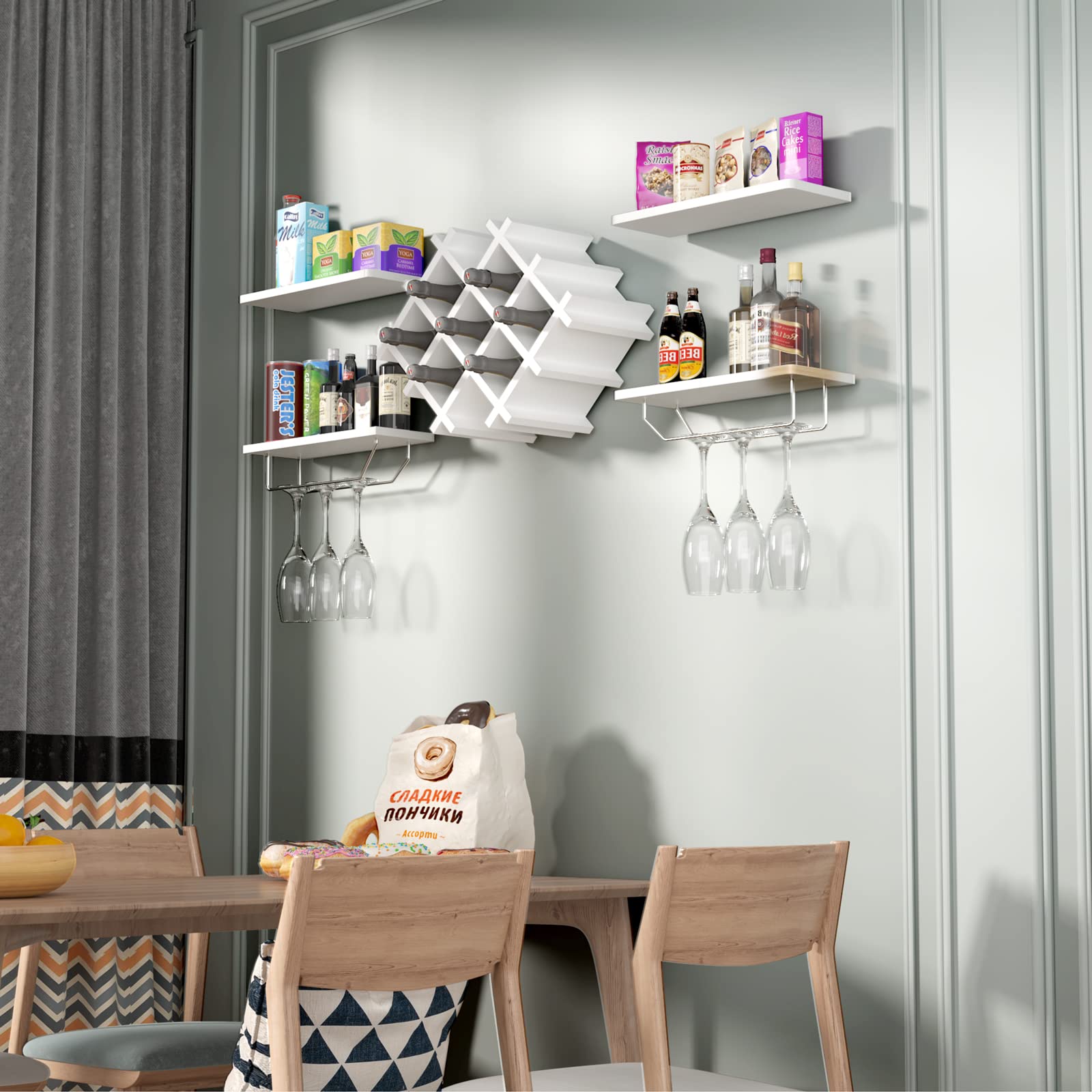 Giantex Set of 5 Wall Mounted Wine Rack Set w/Storage Shelves and Glass Holder