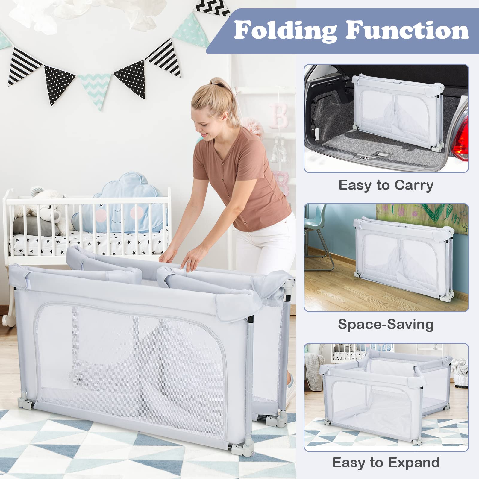 Foldable Baby Playpen, Playpen Activity Center for Babies Toddlers w/50 Balls & 4 Pull Rings