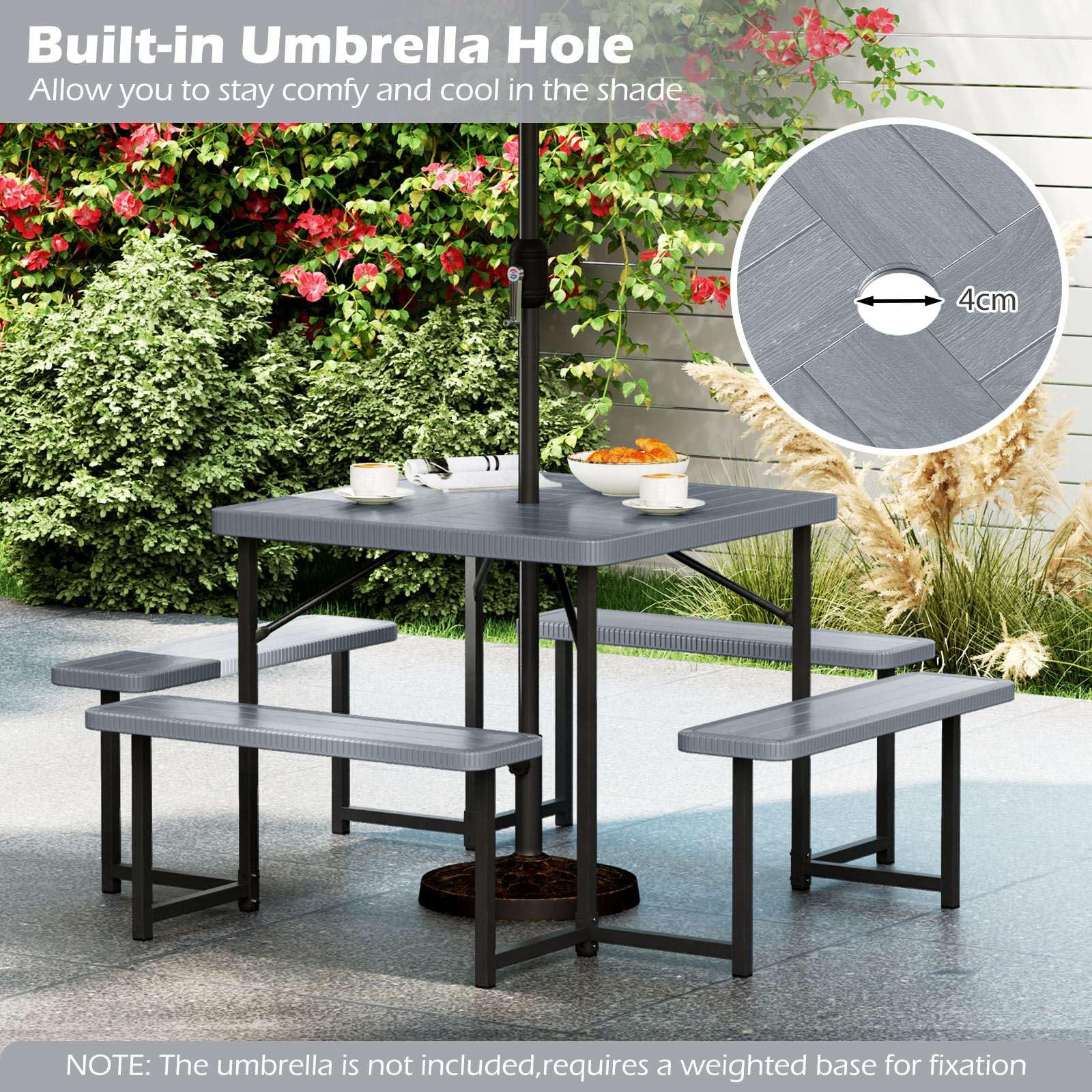 Outdoor Square Camping Dining Table & 4 Benches w/Umbrella Hole