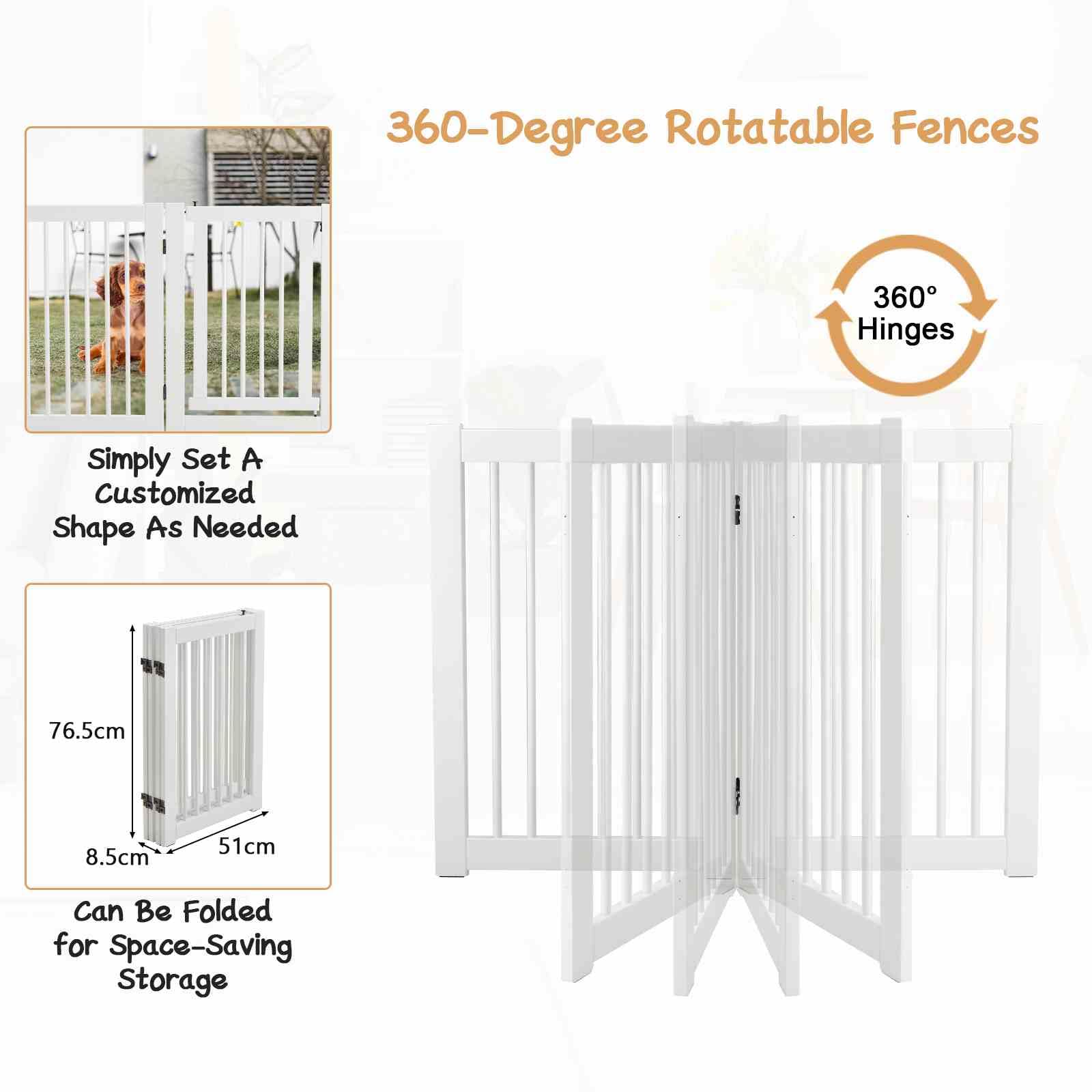 Freestanding Pet Gate, 4 Panel Wooden Folding Dog Fence w/Walk Through Door