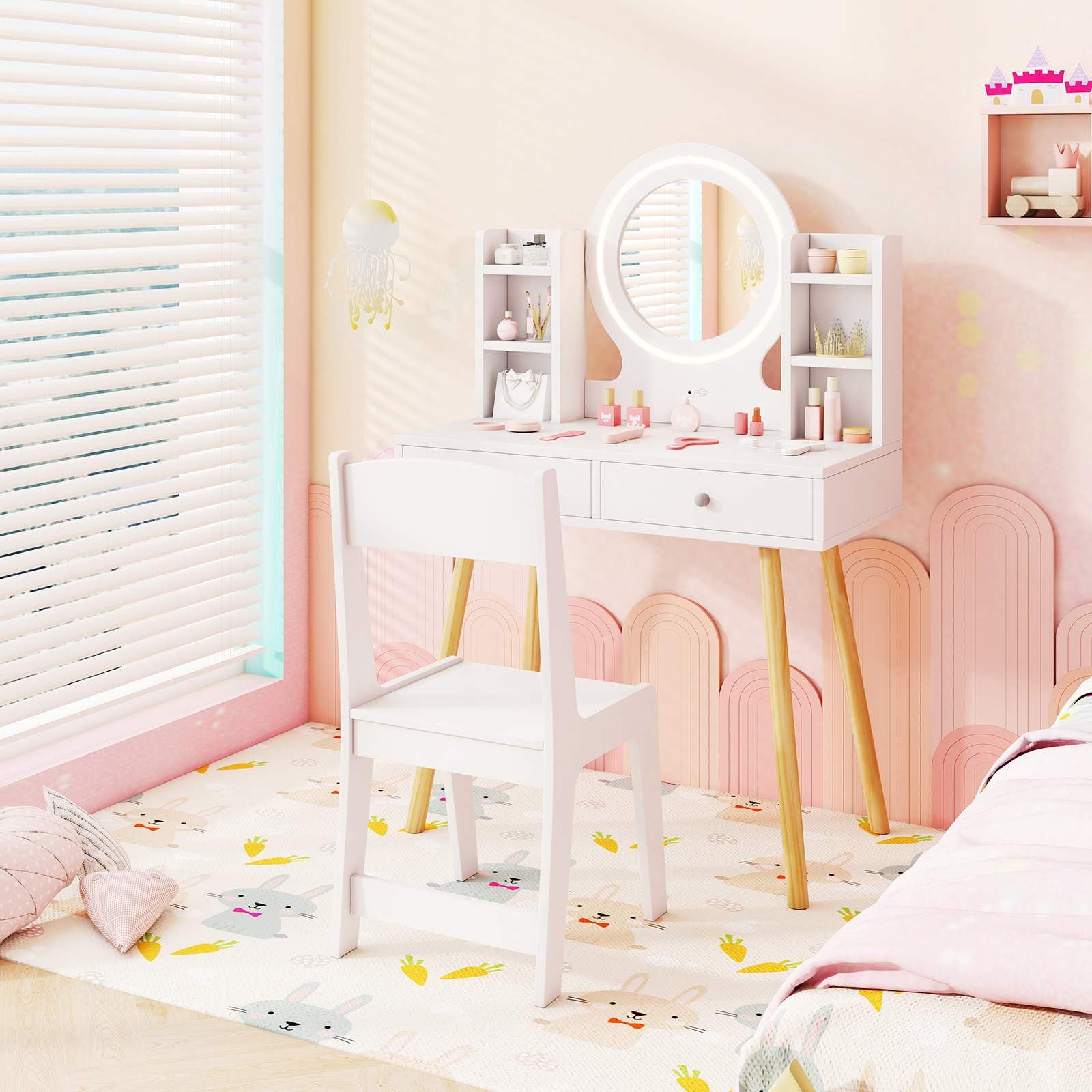 Wooden Kids Vanity Set Makeup Dressing Table w/ 2-Color LED Lighted Mirror Stool