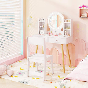 Wooden Kids Vanity Set Makeup Dressing Table w/ 2-Color LED Lighted Mirror Stool