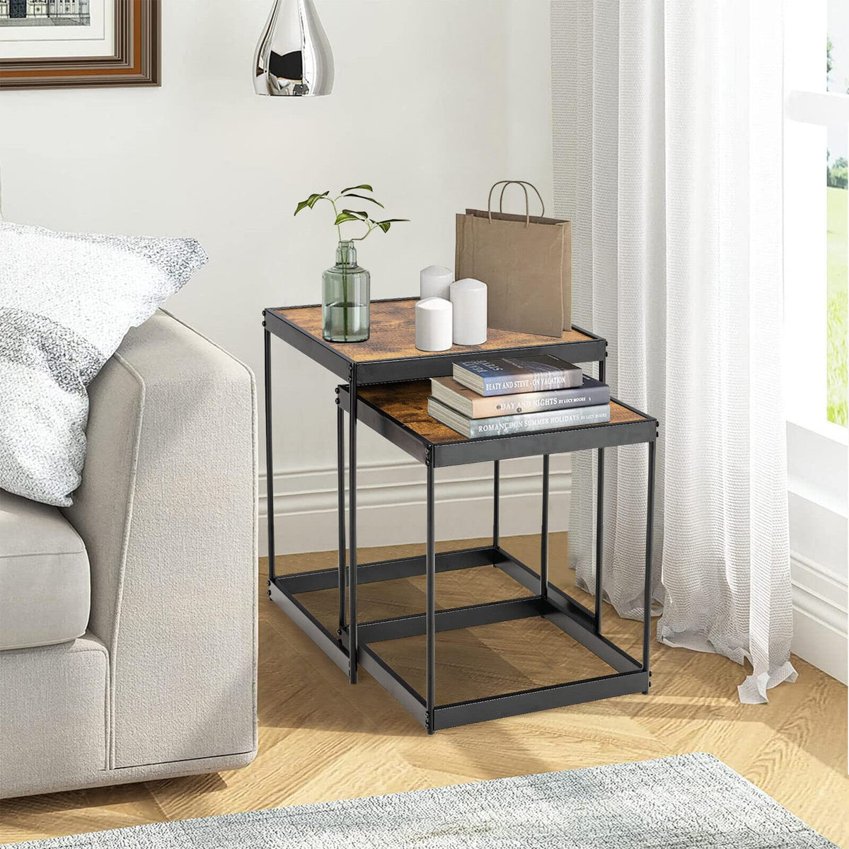 Giantex Nesting Coffee Tables, Set of 2 End Tables, Space Saving Design Side Tables