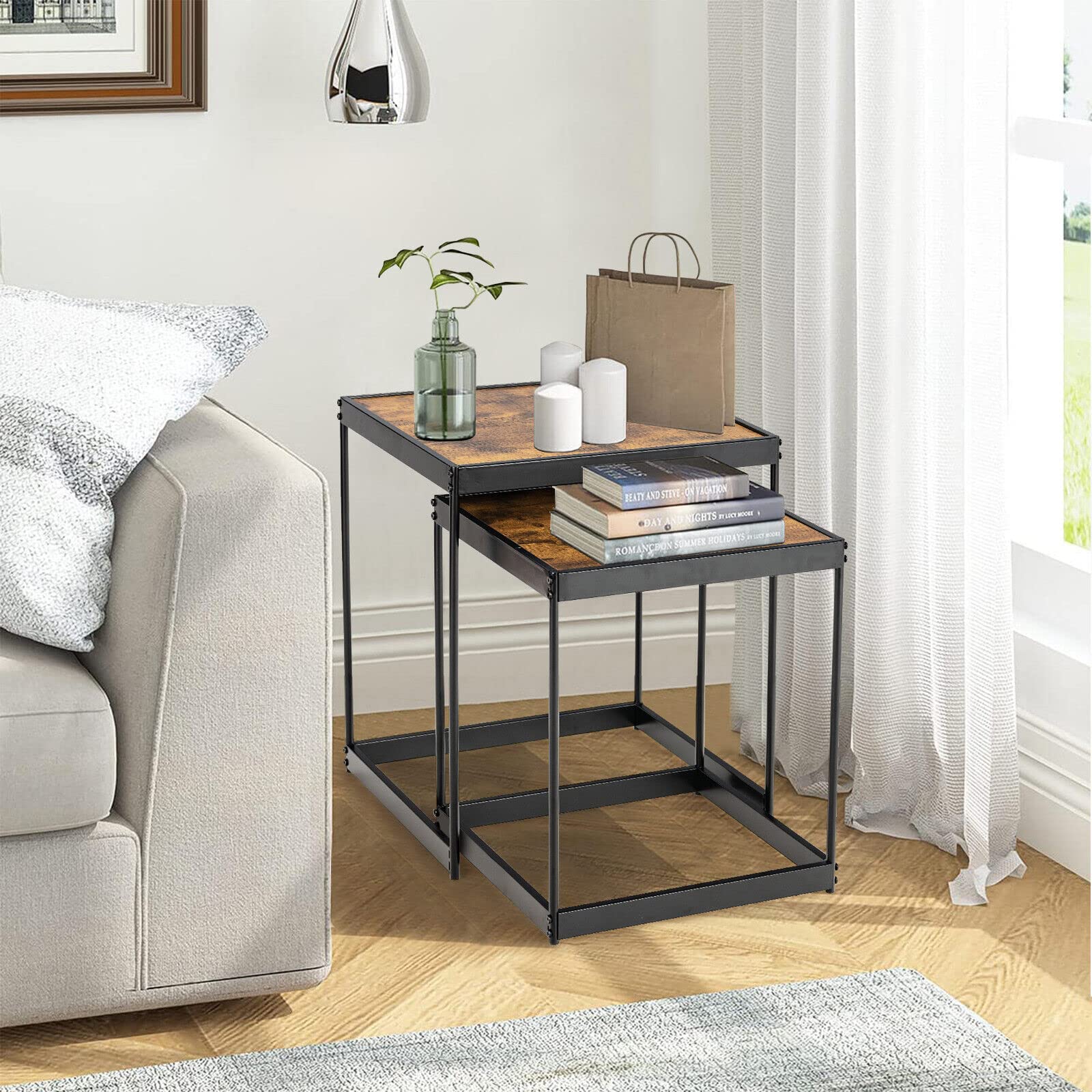 Giantex Nesting Coffee Tables, Set of 2 End Tables, Space Saving Design Side Tables