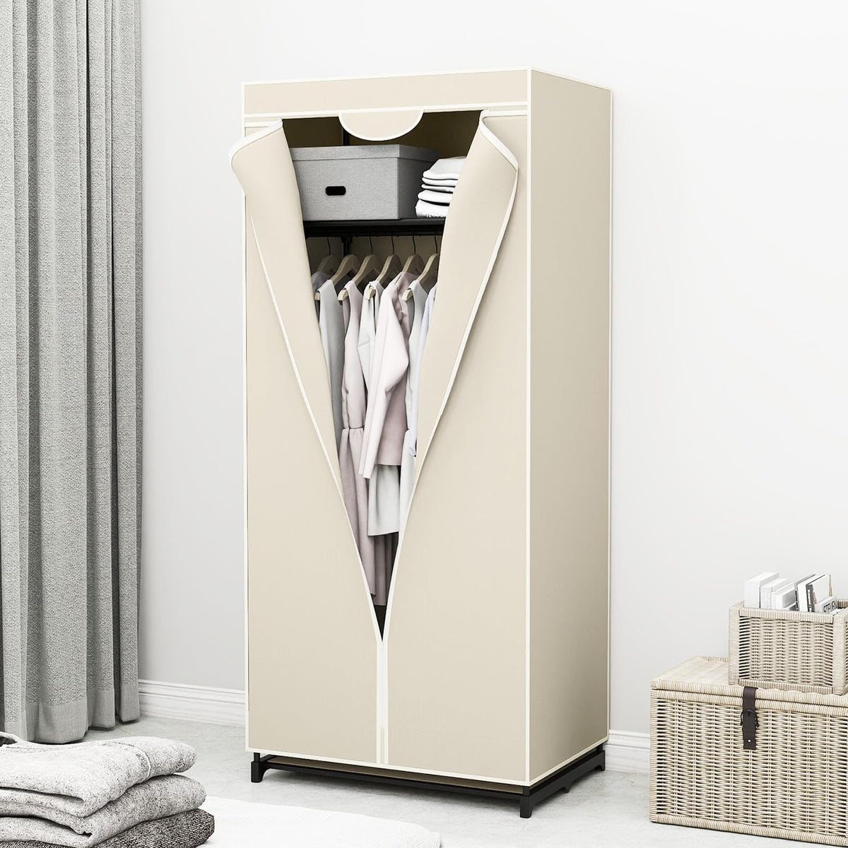 Fabric Wardrobe Portable Single Clothes Closet w/Hanging Rail