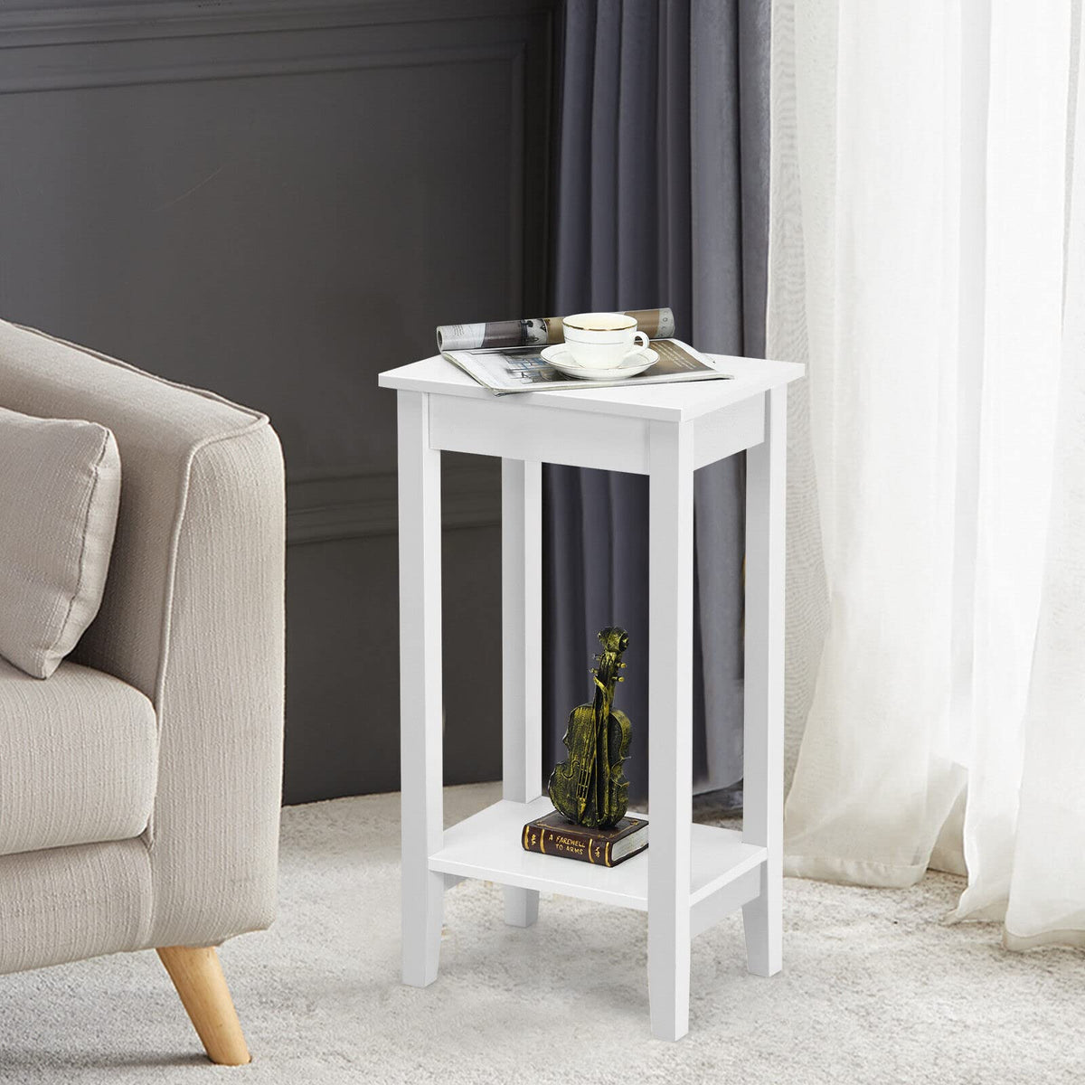 Giantex End Table, Versatile 2-Tier Tall Side Table with 4 Solid Wood Legs, Rectangle Narrow Compact Storage End Table