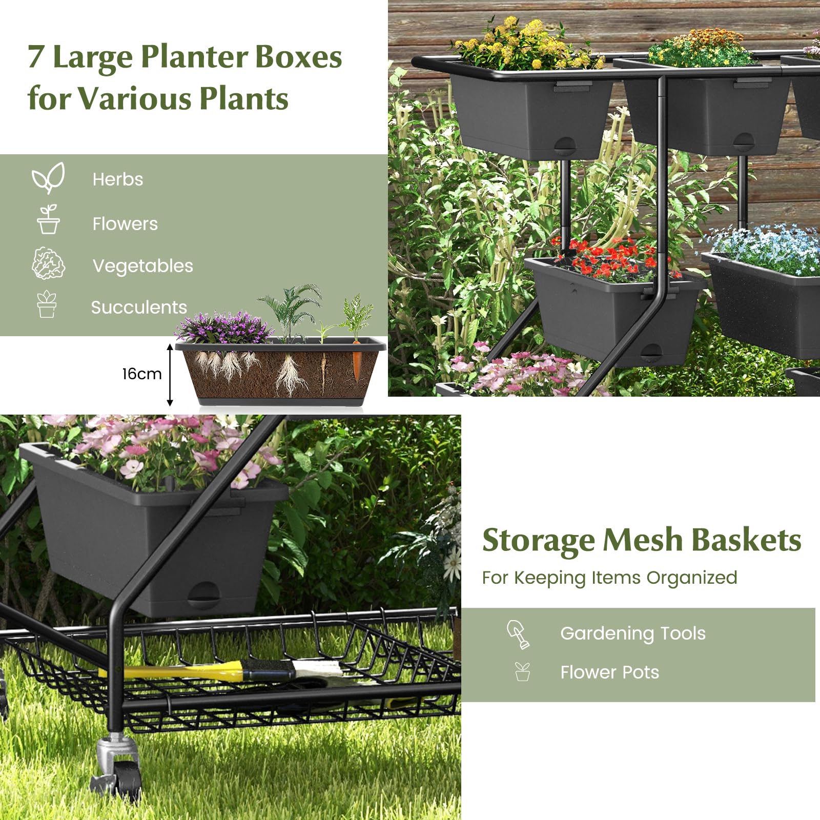 Vertical Raised Garden Bed w/7 Planter Boxes, Storage Baskets, Drainage Holes, 4 Lockable Casters