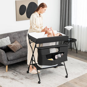 BABY JOY Foldable Baby Changing Table, 4-in-1 Diaper Station w/4 Adjustable Heights & 4 Lockable Wheels