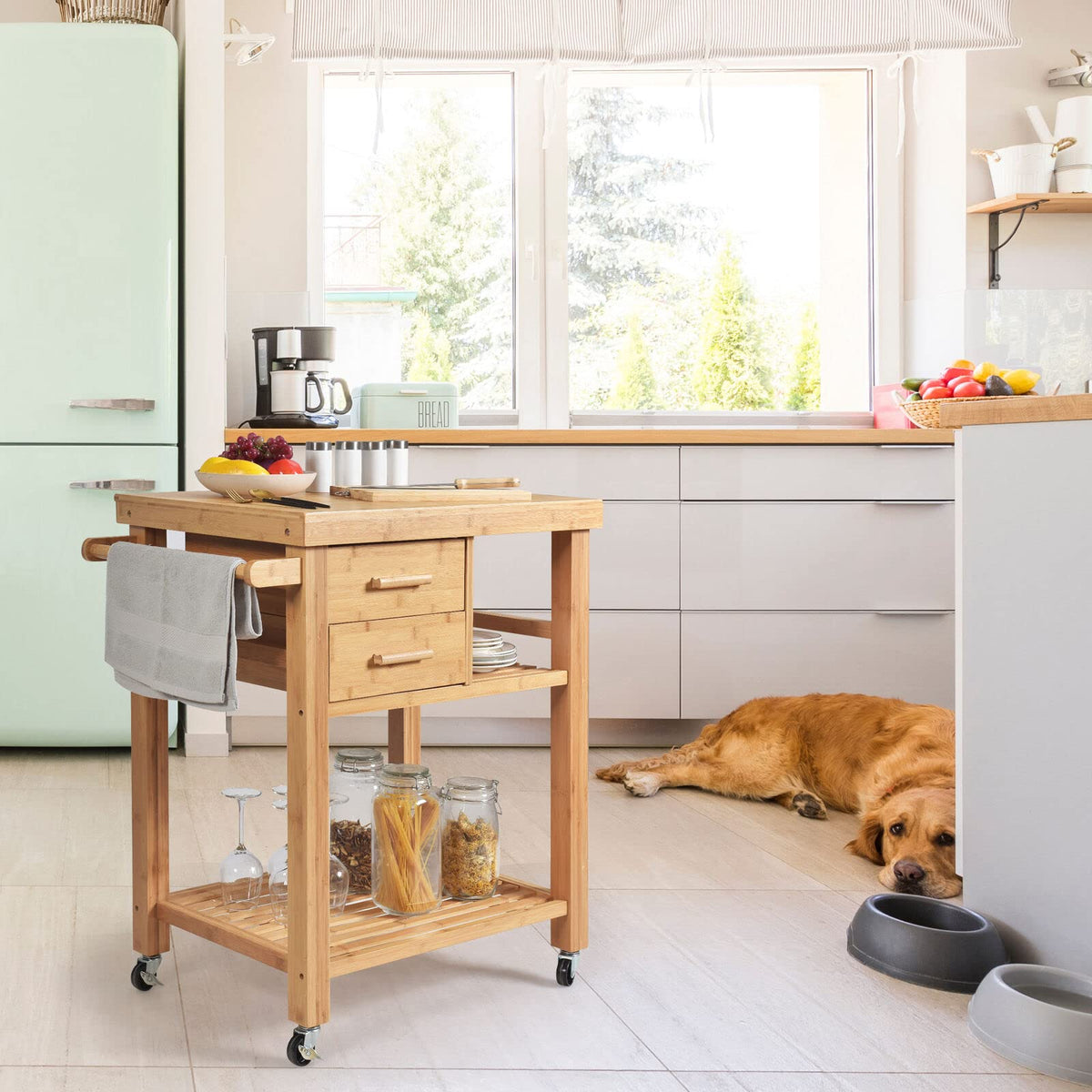 Bamboo Kitchen Island Cart Trolley, 3-Tier Rolling Kitchen Cart w/ 2 Drawers