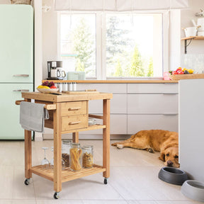 Bamboo Kitchen Island Cart Trolley, 3-Tier Rolling Kitchen Cart w/ 2 Drawers