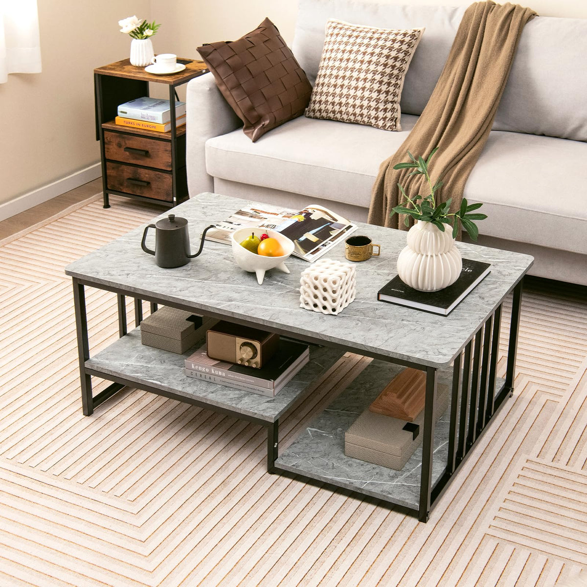 Giantex Faux Marble Coffee Table, Rectangular 2-Tier Center Table with Open Storage Shelf
