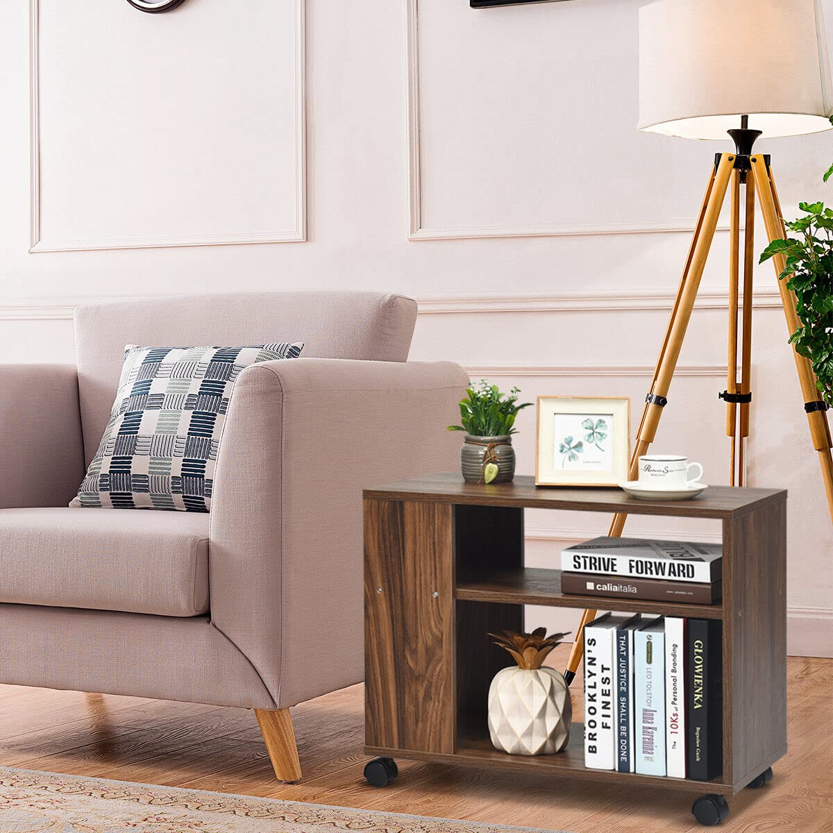Giantex 3-Tier Side Table with Storage Shelf, Sofa Side Table with Wheels for Small Spaces, Industrial Nightstand