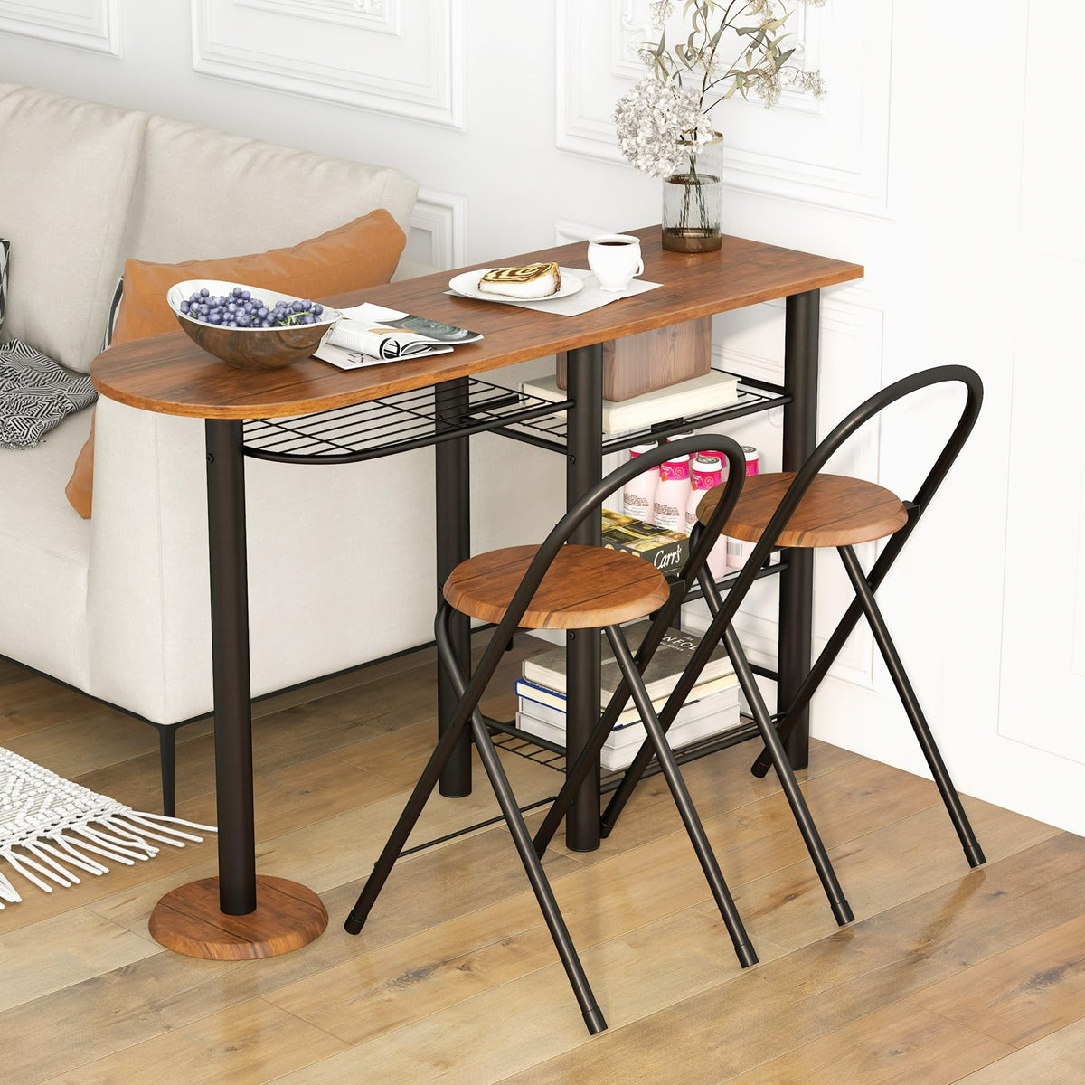 Giantex 3-Piece Dining Table Set Retro Dining Table & 2 Foldable Chairs w/ 4-Tier Storage Shelf