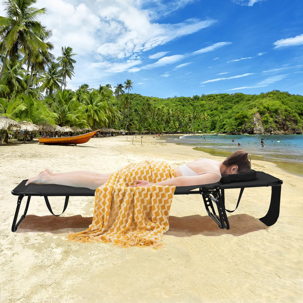 Face Down Tanning Chair, Beach Lounge Chair with 5-Level Adjustable Backrest & 3 Removable Pillows