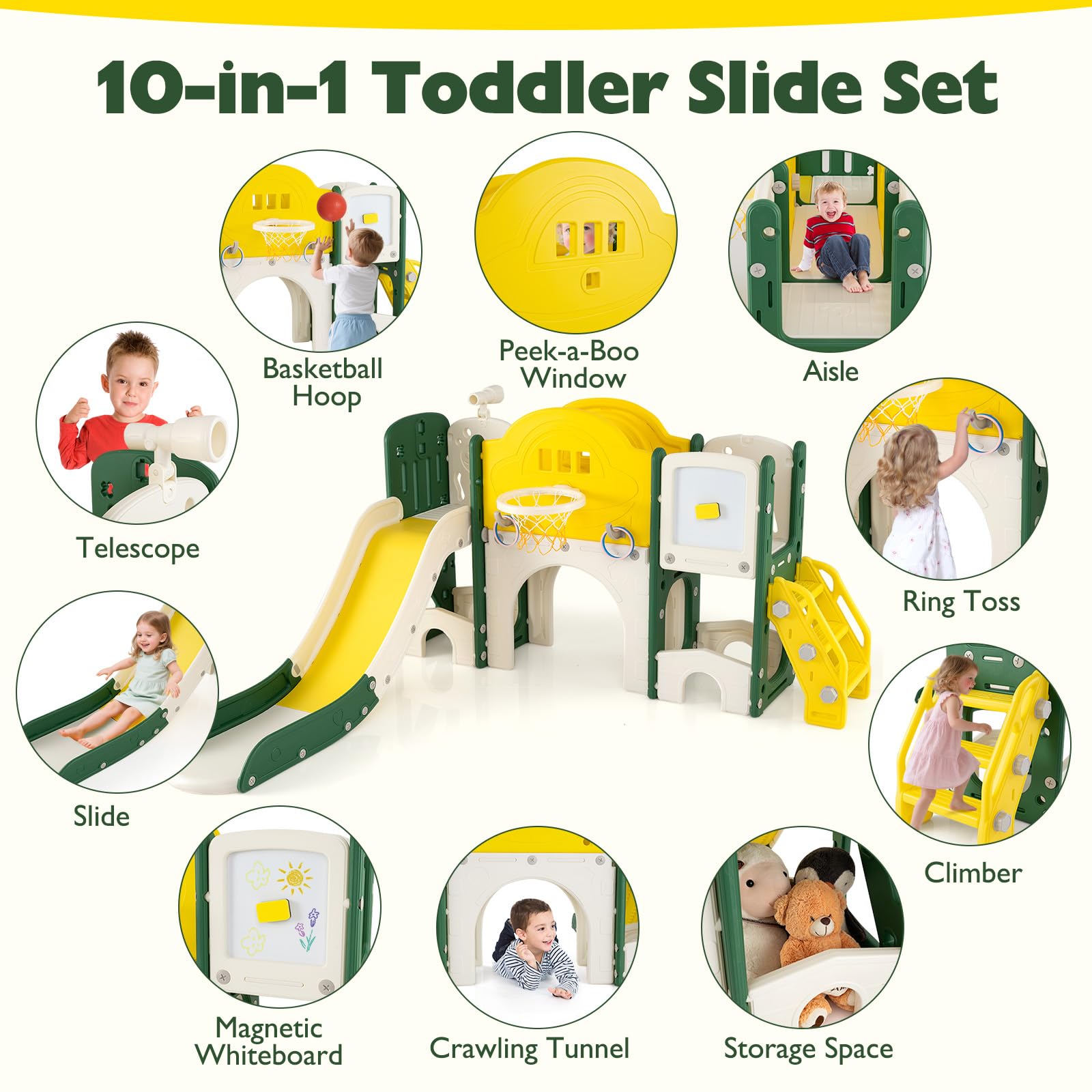 10 in 1 Toddler Slide Set, Kids Slide and Climber Playset with Magnetic Whiteboard