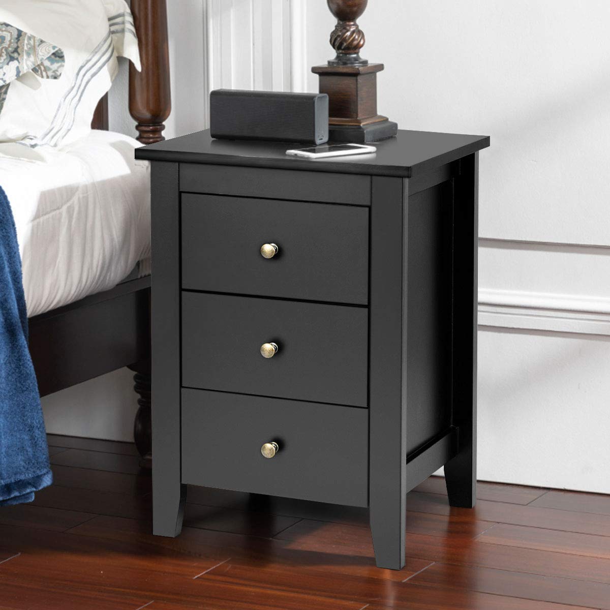 Giantex 2Pcs Bedside Table, Nightstand w/ 3 Drawers & Solid Wood Legs