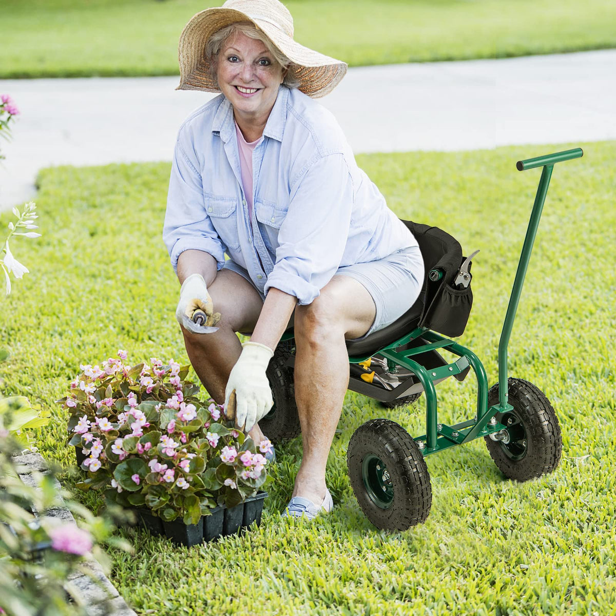 Rolling Garden Cart, Garden Scooter with Seat & Tool Storage, 2 Steering Handles